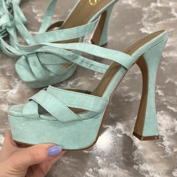 Ego Old Flame Turquoise Blue Square Toe Block Heel Lace Up Platforms size 6 - Picture 10 of 13